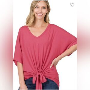 NEW! Luxe Rayon V-Neck Front Tie Top In Rose